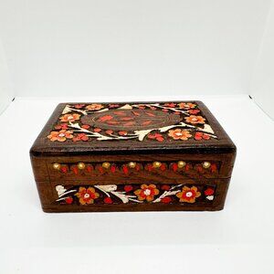 Vintage Cherry Wood Carved Jewelry Box Folk Flowers Witchy Cottagecore Alter